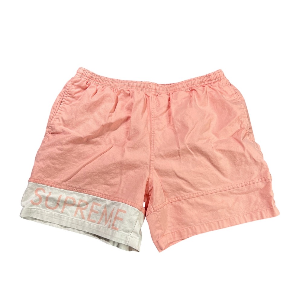 Supreme Banner Logo Panel Shorts Men's Large Pink Mesh Lined 100% Cotton